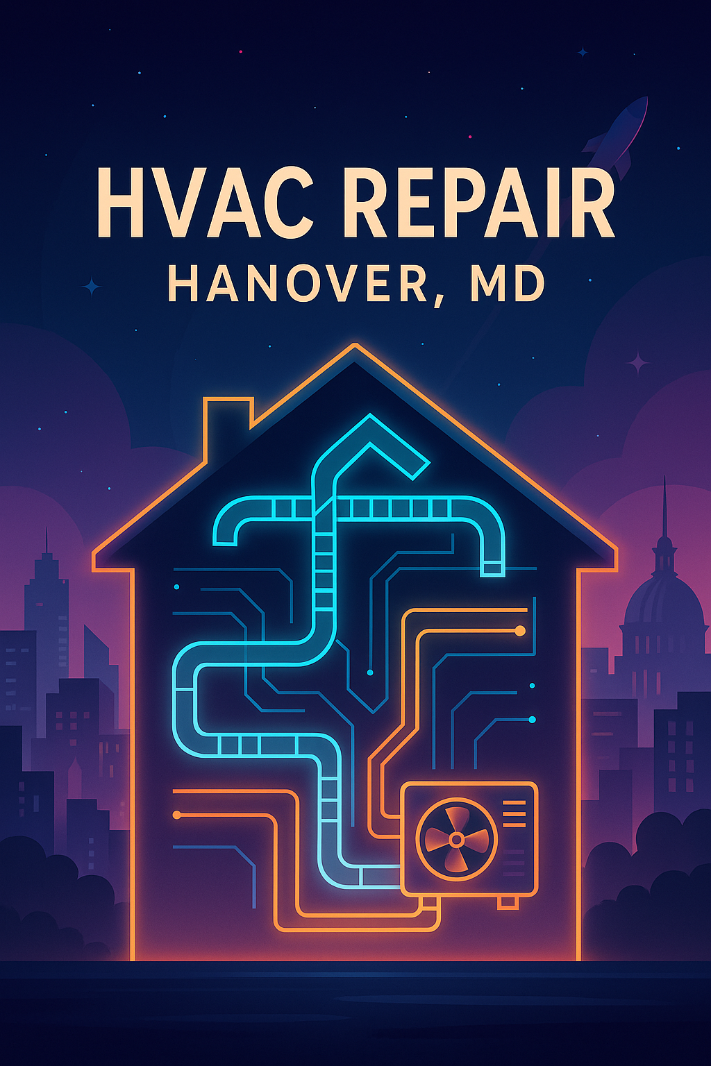 Modern neon-style house schematic with HVAC ducts and city skyline